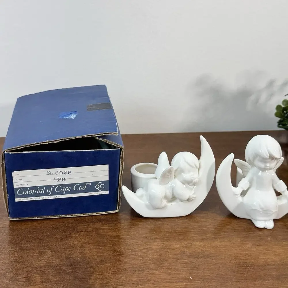 Vintage CCCC Angel On Moon Taper Candle Holders Japan Colonial of Cape Cod